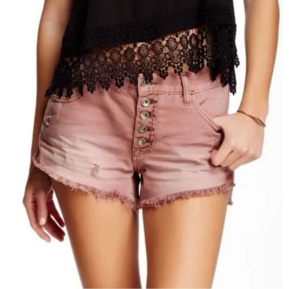 Free People Runaway Distressed Raw Hem Button Fly Shorts Women’s 28 Fig/Mauve